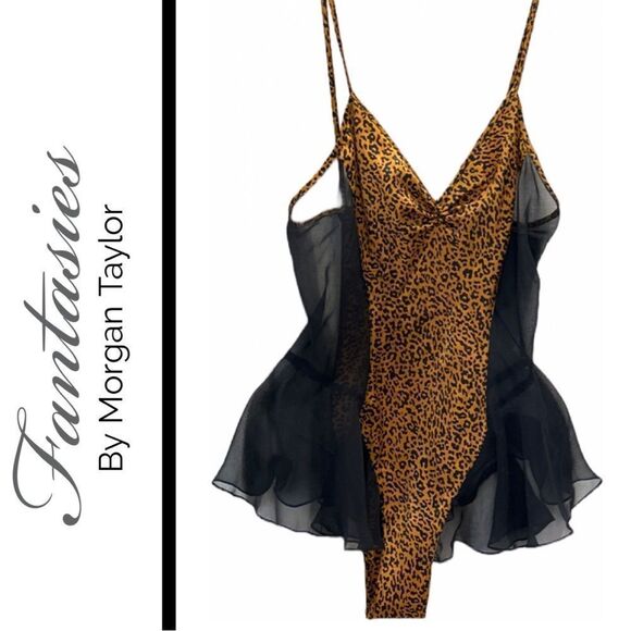 Fantasies by Morgan Taylor Vintage Leopard Print & Black Mesh‎ Bodysuit - Size P - Picture 1 of 2